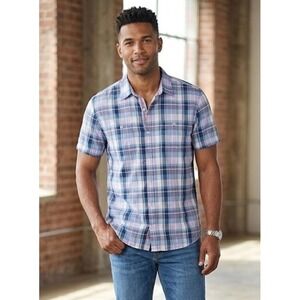 Flag & Anthem Mens XL Short Sleeve Button Down Shirt Plaid Blue Purple Casual